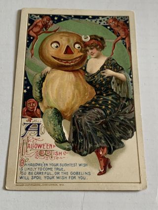 1912 Vintage John Winsch Halloween Postcard - Pretty Woman With Pumpkin Man