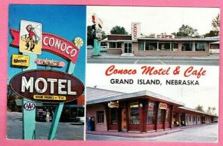1950s Vtg Conoco Motel Cafe Service Station Postcard Us Route 30 Grand Island Ne