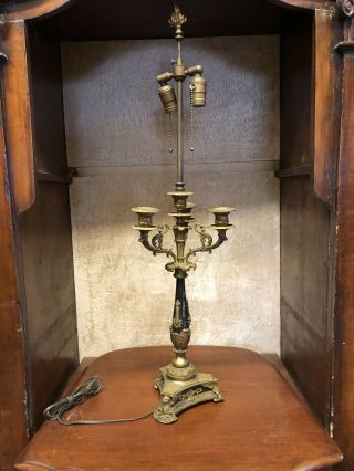 Neoclassical Empire Revival Bronze 2 Light With 3 Candle Holder Table Lamp
