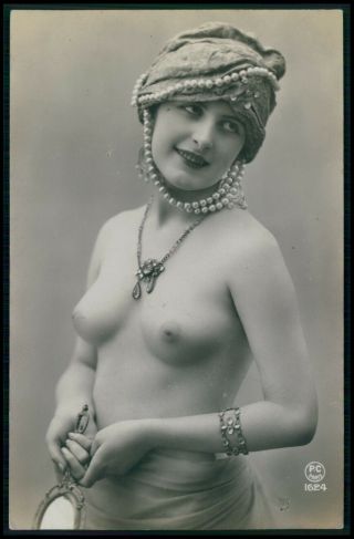 French Nude Woman Turban And Pearls C1910 - 1920s Photo Postcard