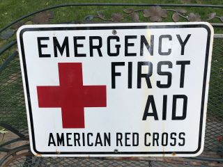 Wwii American Red Cross Metal Porcelain Advertising Sign Emergency 1st Aid 18x24