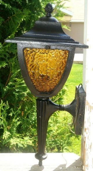 1930s - 50s Cast Metal Moe Wall Sconce Porch Light Electric Lamp W/ Amber Glass