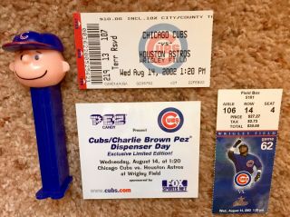 Pez 2002 Chicago Cubs Charlie Brown Commemorative Card & 2 - Part Ticket Stub