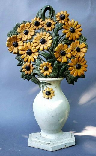 Pretty Rare Very Large Cast Iron Doorstop Vase Of Cosmos Flowers 17 1/4 " Tall