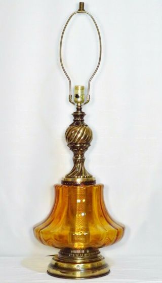 Vintage Mcm Mid Century Amber Glass Table Lamp - 33½ " Tall