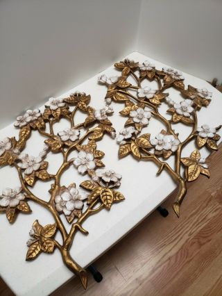 Vintage Pair Burwood Home Interiors Gold Wall Plaque Floral Dogwood Branches