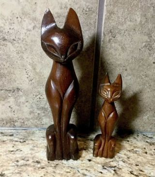 Mid Century Modern Wood Cats 8”:and A 5.  5” In Euc