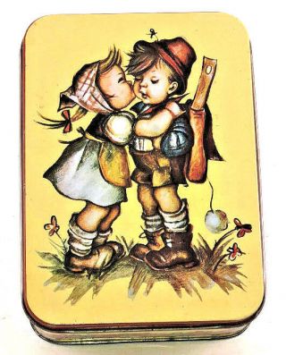Stationery Tin Giftco Hummel Girl Kissing Boy Tin W/lid Vintage