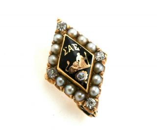 Antique 14k Gold Sigma Alpha Epsilon Fraternity Pin Diamonds Pearls & Enamel