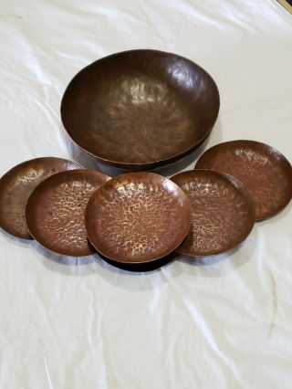 Vintage Hand Hammered Wrought Copper Bowl & 6 Dishes Early Primitive Folk