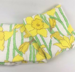 Vintage 60s Pair Martex Bath Towels Yellow Daffodil Green Flower Mid Century Mod