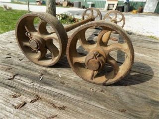 4 Factory Cart Wheels & 2 Axles Cast Iron Vintage Lineberry Industrial Wheel A36