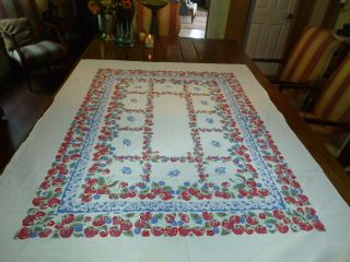 Vintage Mid Century Farmhouse Cotton Print Tablecloth Strawberries Red Blue
