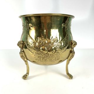 Antique Brass Copper Claw Footed Planter Bowl Pot Ribbons Fruit 7.  5”x 8”
