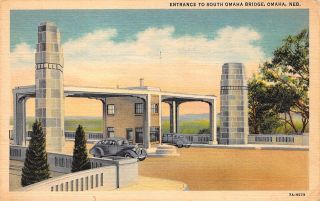 Vtg 1937 Postcard Nebraska South Bridge Toll Booth Antique Cars Burlington