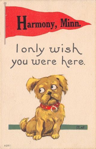 Harmony Minnesota Pennant Postcard Sad Puppy Dog: I Only Wish You Were Here 1915