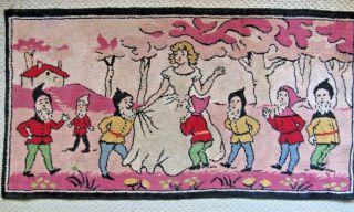Antique Vintage Rug Snow White & 7 Dwarves Fairy Tale Wool Rug 21x40 "