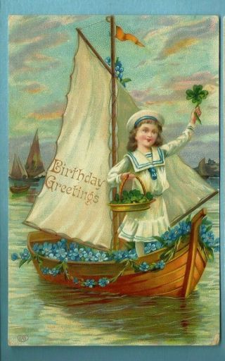 Greetings Postcard/little Girl/basket Of Blue Flowers/sailboat/glossy Postcard