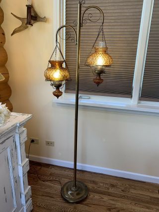 Vintage Mid Century Tension Pole Lamp Amber Glass Double Hurricane