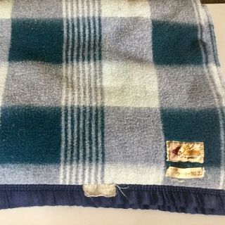 Vtg.  Japan Wool Piano Blanket Blue White Plaid Throw 67” X 48 - 1/2”