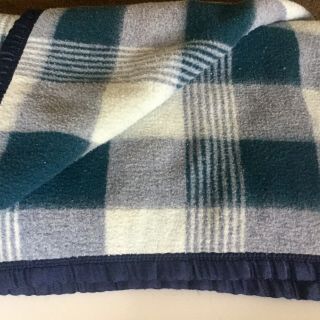 Vtg.  Japan Wool Piano Blanket Blue White Plaid Throw 67” X 48 - 1/2” 4