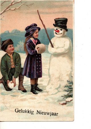 Postcard Christmas Holiday Year Snowman Children Snowball 428