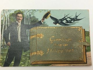 Rare 1909 Philippines Gentleman Postcard W/ Fold Out Book - Marines - Elgin Il