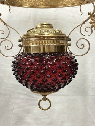 c.  1880 - 1900 Parker Cranberry Hobnail Art Glass 14 inch Hanging Oil Lamp Frame NR 3