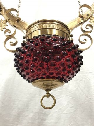 c.  1880 - 1900 Parker Cranberry Hobnail Art Glass 14 inch Hanging Oil Lamp Frame NR 4