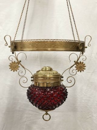 c.  1880 - 1900 Parker Cranberry Hobnail Art Glass 14 inch Hanging Oil Lamp Frame NR 5