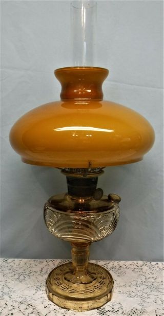 Vintage Amber Washington Drape Aladdin Oil Lamp Amber Cased Shade Signed Chimney
