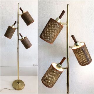 Vintage Mcm Pole Floor Lamp 3 Light Cane Wicker Shade Cone Teak Wood Gold Metal