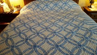 Vintage Cotton Chenille Bedspread,  Full Size,  Blue And White,
