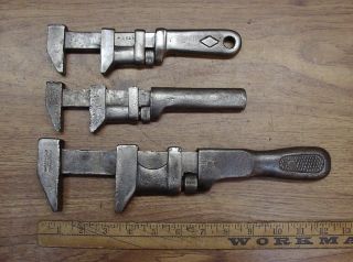 3 Antique All Steel Monkey Wrenches,  Girard Mfg.  Co.  - 12 ",  Coes - 8 ",  & W&b Co.  - 8 "
