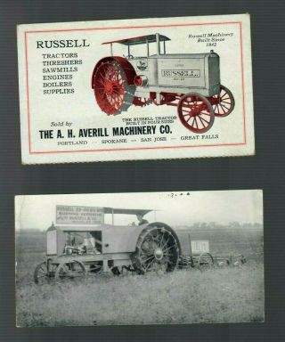 Vintage Russell Tractor Farm Equipment Photo & Advertising Postcard Oliver Plow
