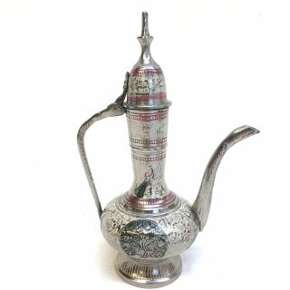 Arabic Dallah Coffee Tea Pot Ewer Turkish Etched Hinged Pitcher 7.  5” Goblets Set 2