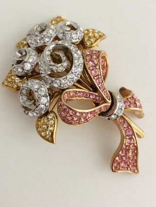 Vintage Swarovski Swan Signed Crystal Flowers Gold,  Pink,  Silver Tone Pin
