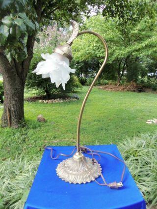 19 " Brass Gooseneck Desk Lamp Triple Lotus Flower Frosted Glass Shade Vintage