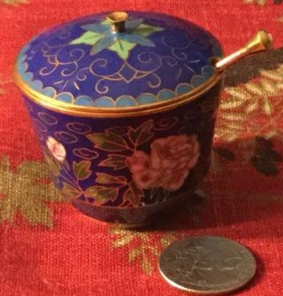 Vintage Cloisonne Enameled Brass Chinese China Salt Cellar With Spoon