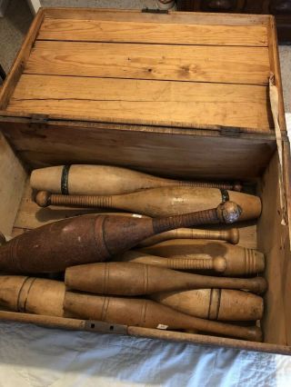 Antique Wooden Juggling Exercise Clubs Pins Set Of 10 And Case