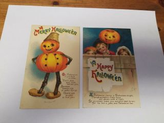 Pair Ellen H Clapsaddle Halloween Postcards - Children W Pumpkin,  Pumpkin Man