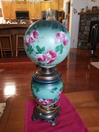 Vintage Parlor Gwtw Hurricane Lamp Electrified Hand - Painted 3 Way