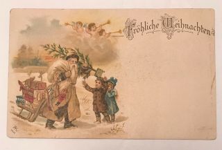 Rare Early Christmas Postcard - Brown Robed Santa Sleigh Tree Children Unposted