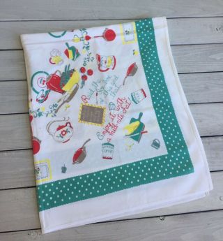 Vtg Leacock Tablecloth Kitschy Teal Red Yellow Print Coffee Tea Kitchen Wisdom