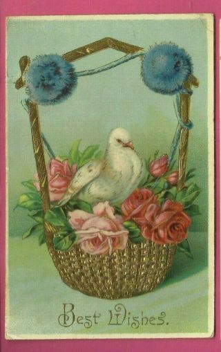 Greetings Embossed Postcard/ Gold Basket/ White Dove/ Pink Roses/ Gilded