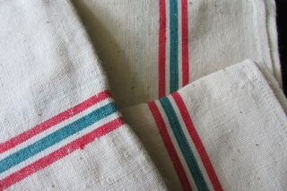 Set Three Vintage French Kitchen Red And Green Striped Metis Linen Towels