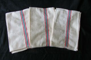 Set three Vintage French Kitchen Red and Green striped Metis Linen Towels 2