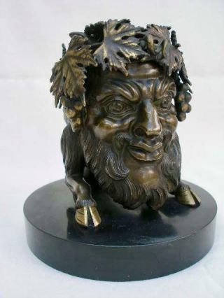 Outstanding 19th Century Bronze Bacchanalian Satyr Head Inkwell. 2