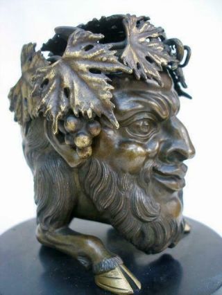 Outstanding 19th Century Bronze Bacchanalian Satyr Head Inkwell. 3