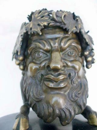 Outstanding 19th Century Bronze Bacchanalian Satyr Head Inkwell. 9